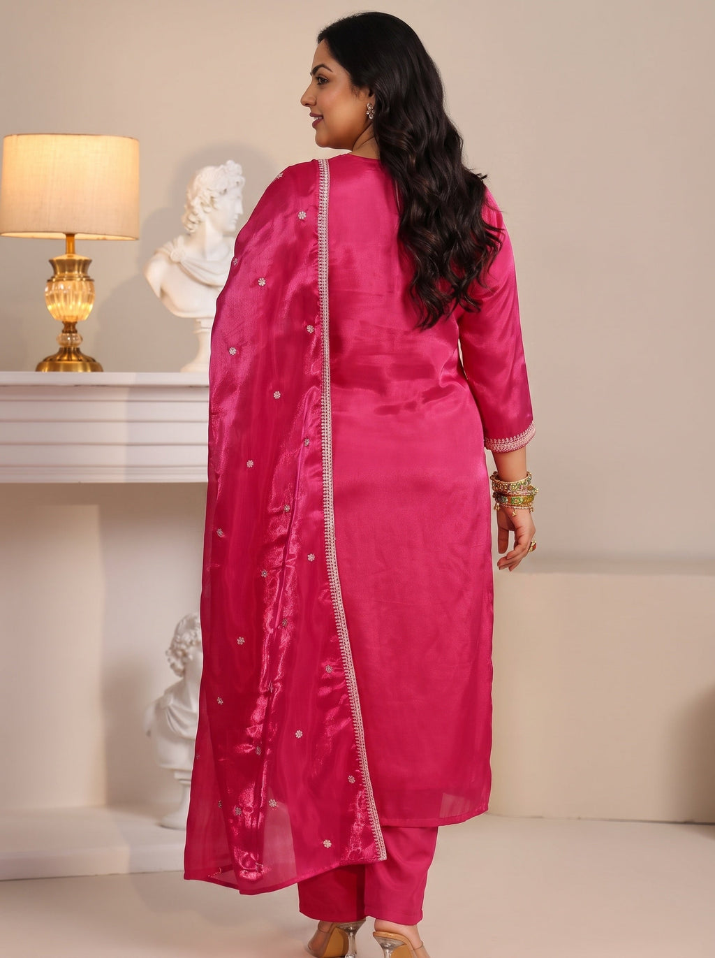 Plus Size Rani Pink Ethnic Embroidered Tissue Straight Suit Set