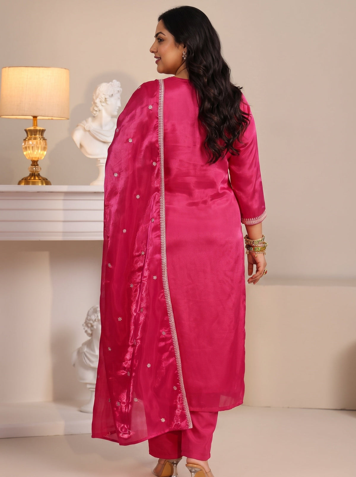 Plus Size Rani Pink Ethnic Embroidered Tissue Straight Suit Set