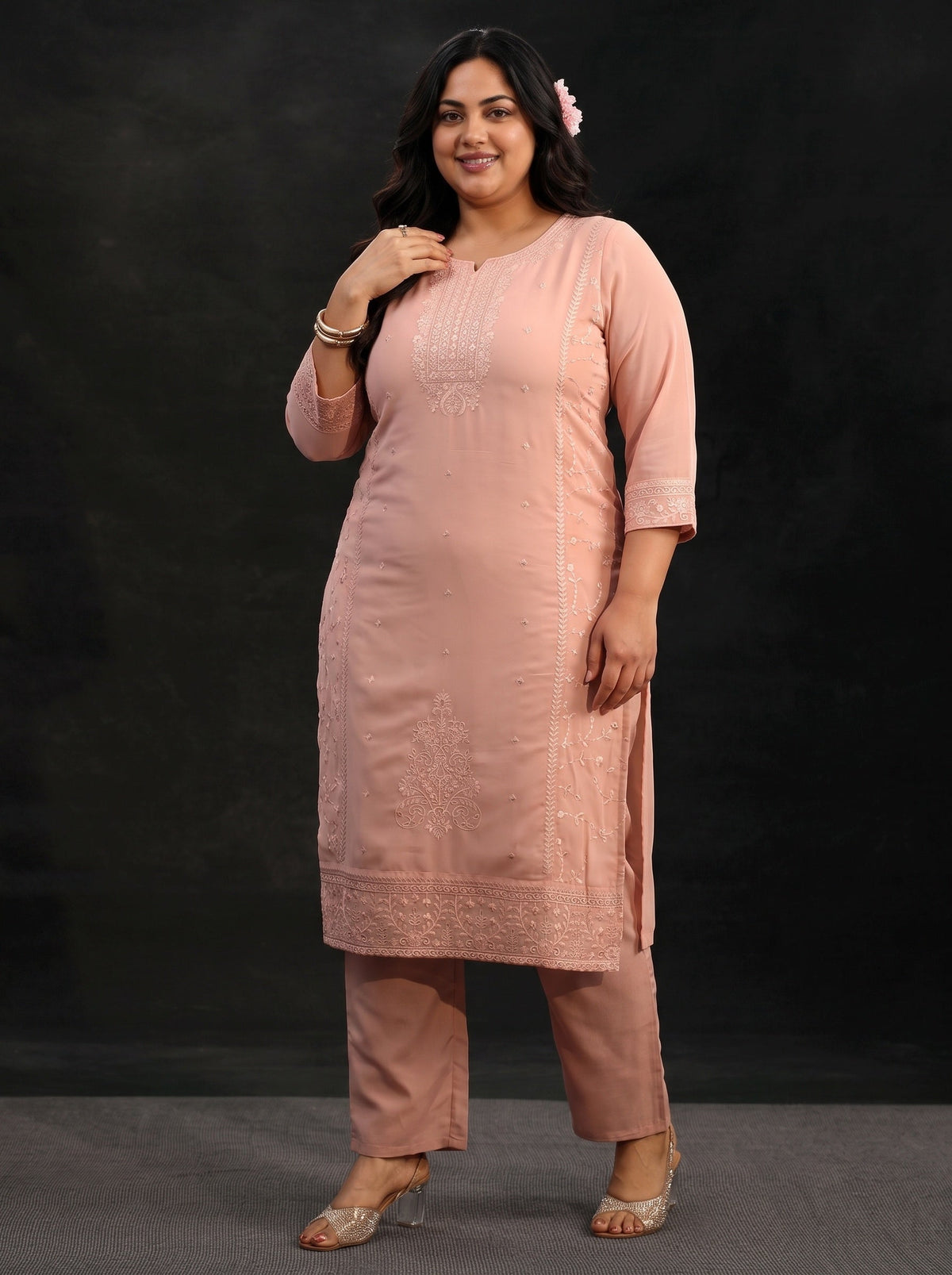 Plus Size Peach Embroidered Georgette Straight Suit Set