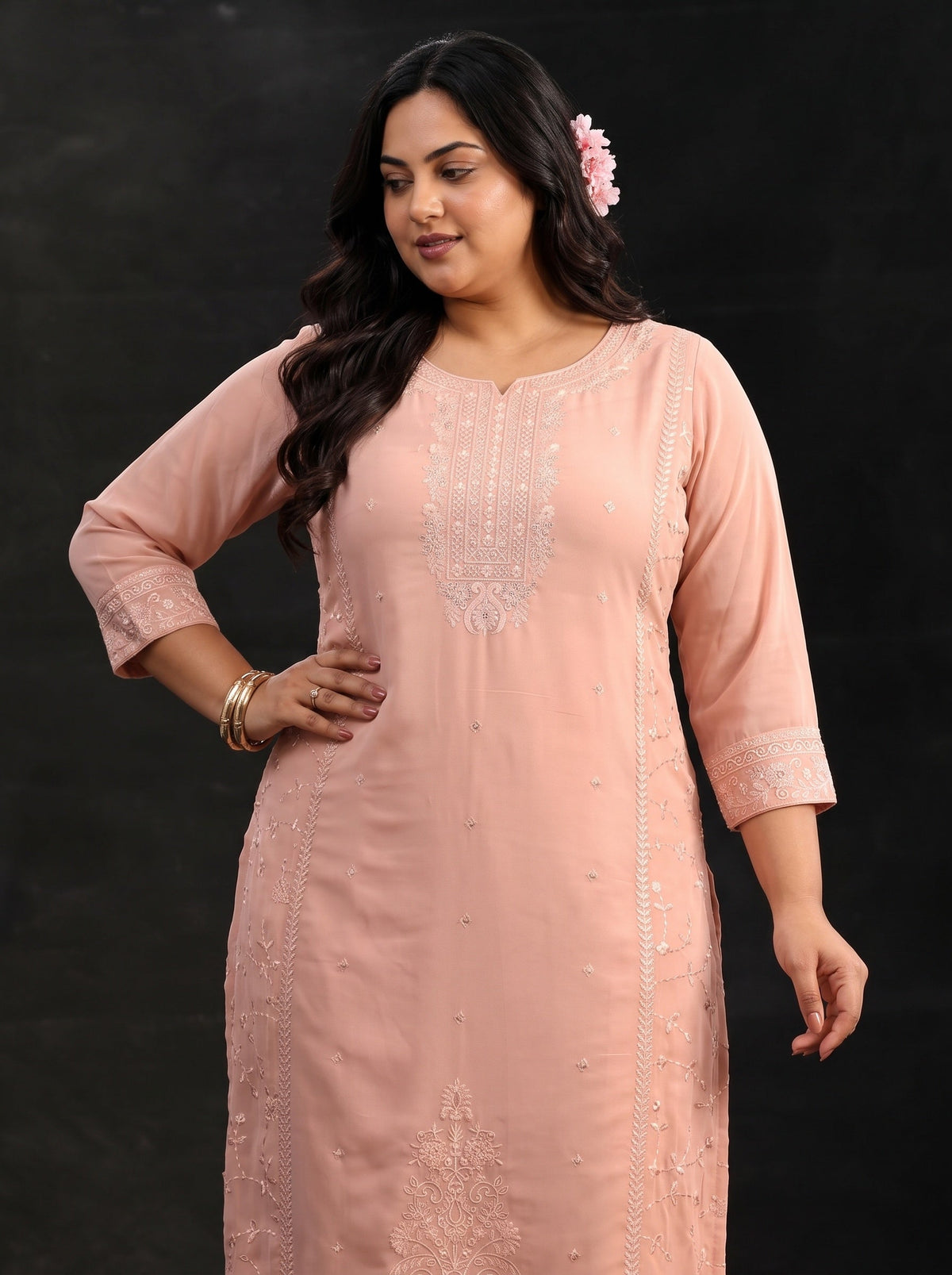 Plus Size Peach Embroidered Georgette Straight Suit Set