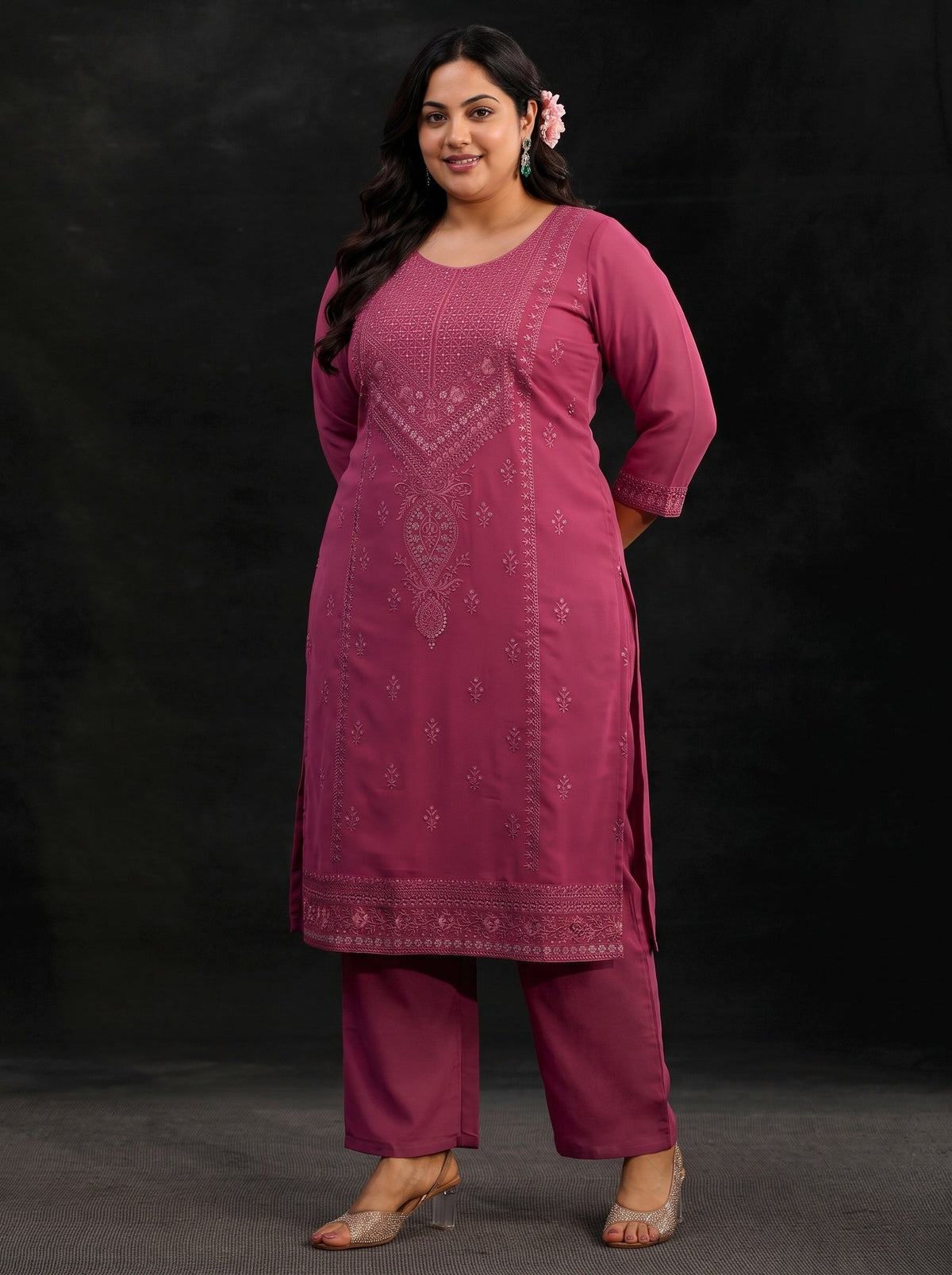 Plus Size Pink Floral Embroidered Georgette Straight Suit Set
