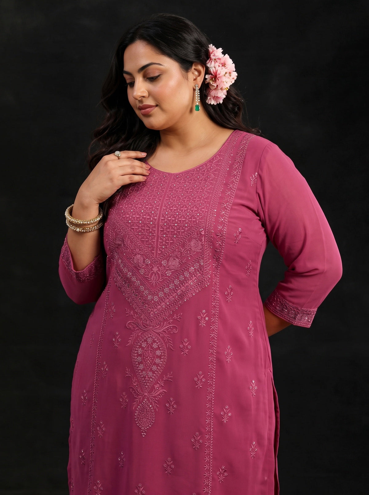 Plus Size Pink Floral Embroidered Georgette Straight Suit Set
