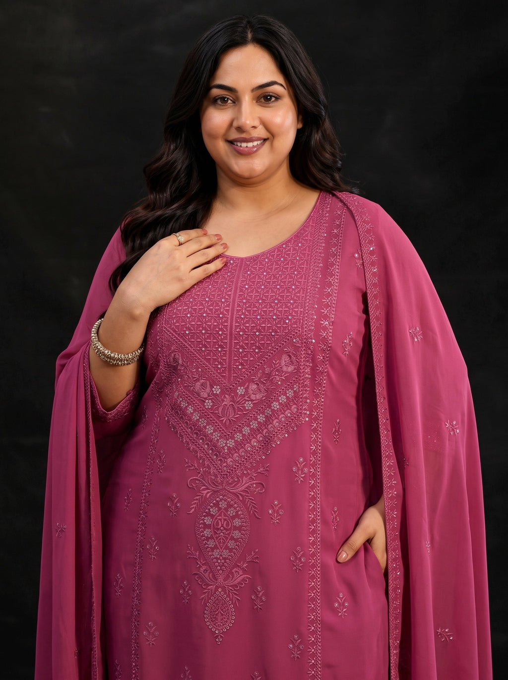 Plus Size Pink Floral Embroidered Georgette Straight Suit Set