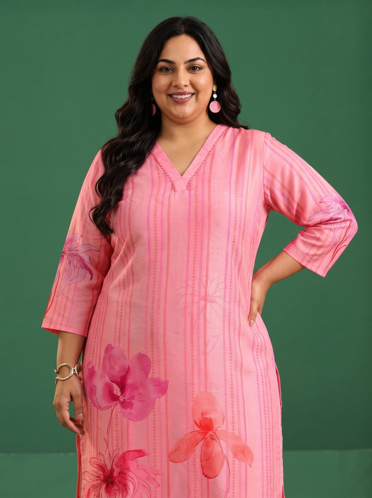 Plus Size Pink Floral Printed Muslin A-Line Suit Set