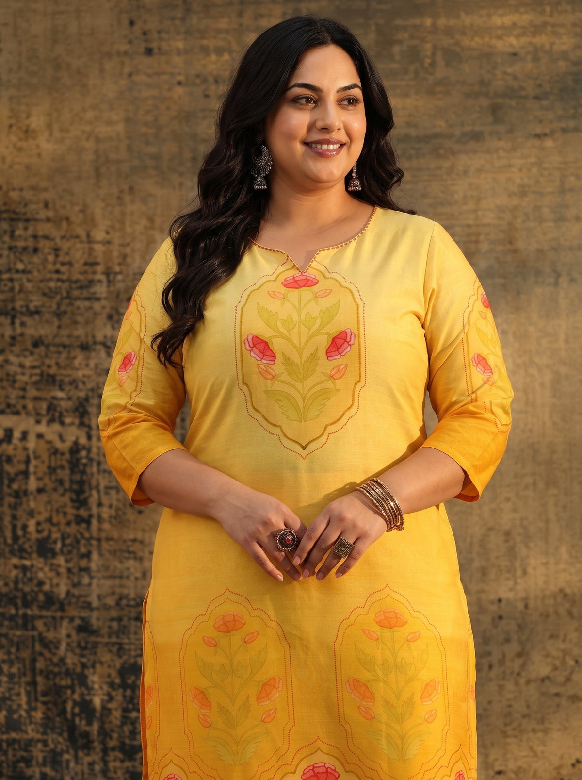 Plus Size Mustard Floral Printed Muslin Straight Suit Set