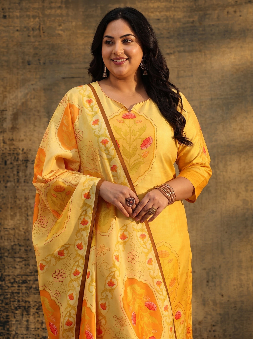 Plus Size Mustard Floral Printed Muslin Straight Suit Set
