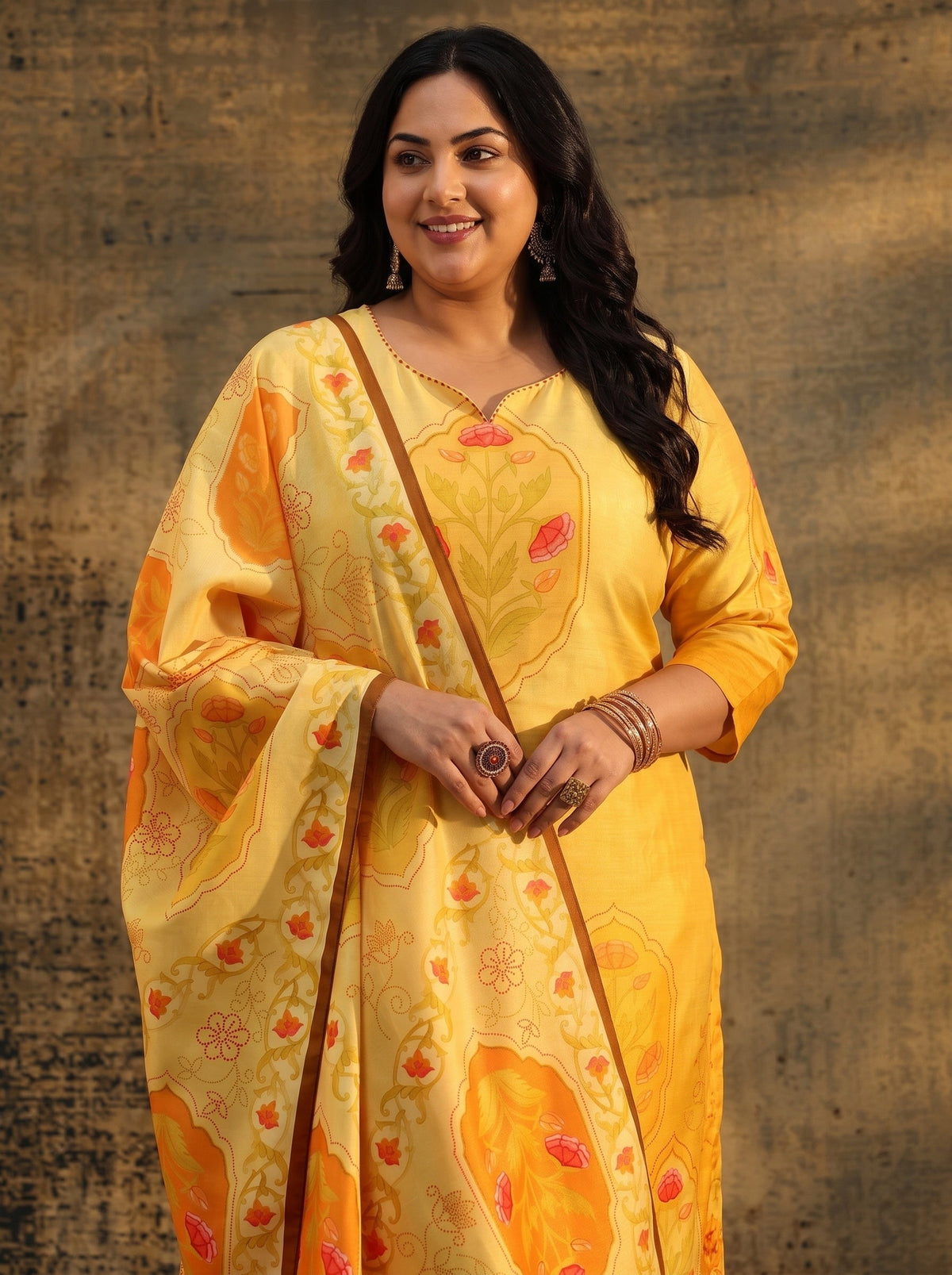 Plus Size Mustard Floral Printed Muslin Straight Suit Set
