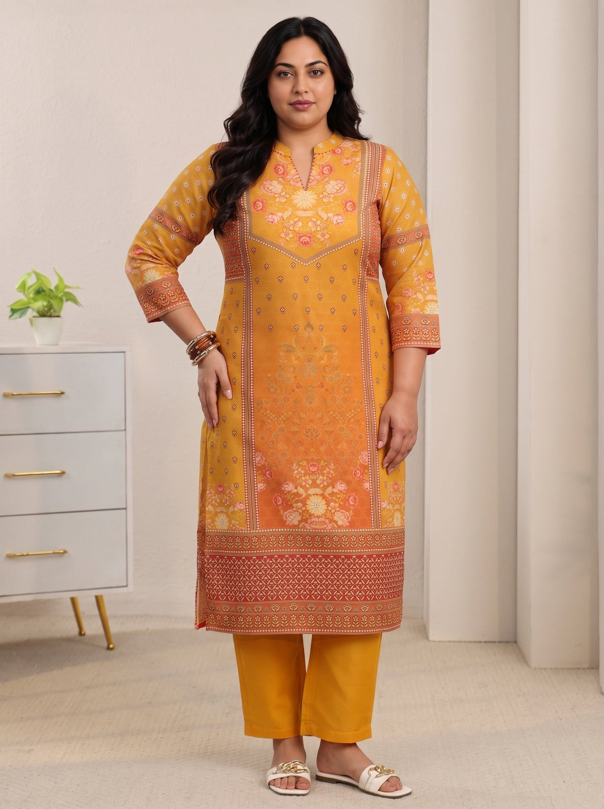 Plus Size Mustard Floral Printed Muslin Straight Suit Set