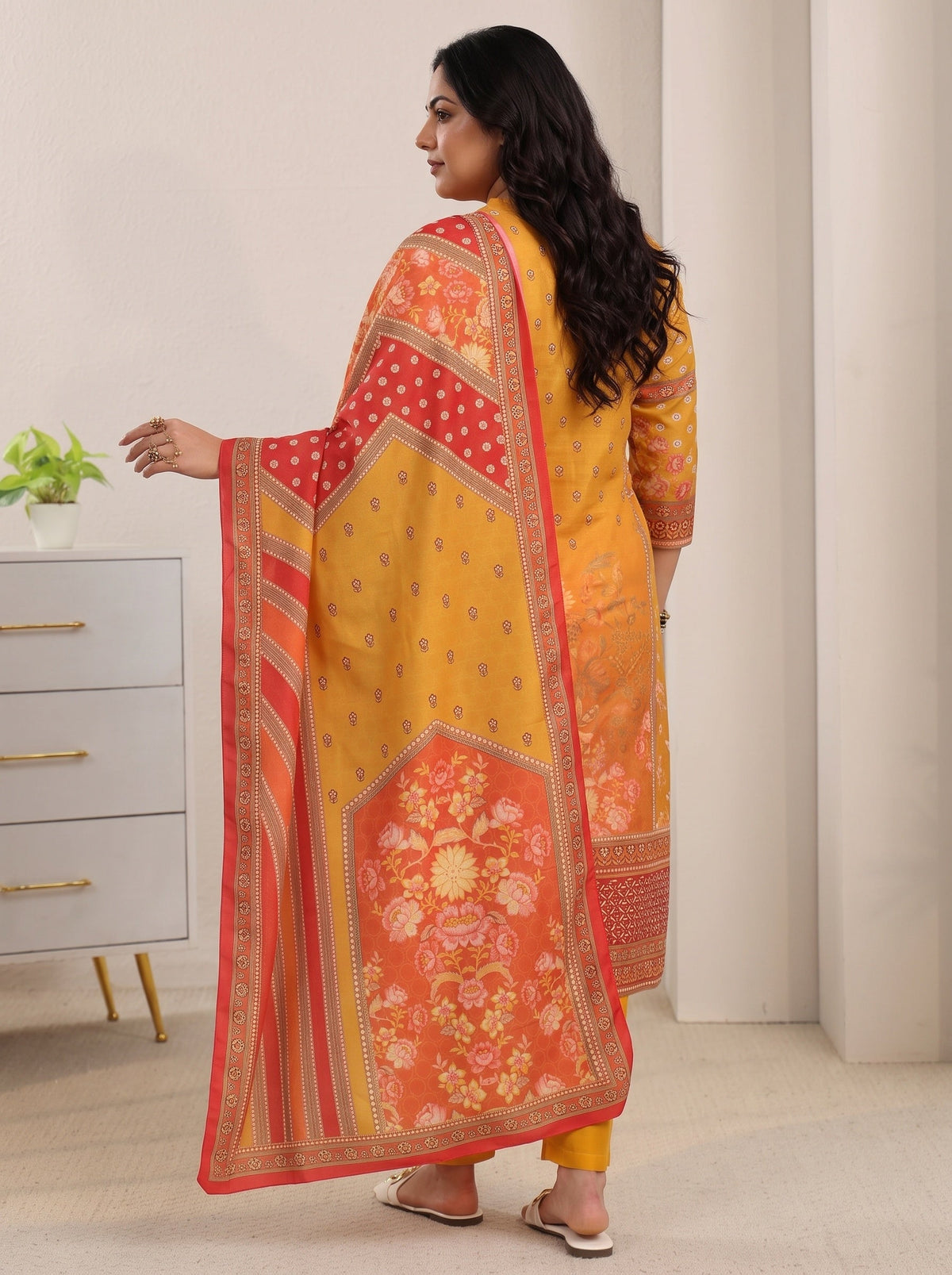 Plus Size Mustard Floral Printed Muslin Straight Suit Set