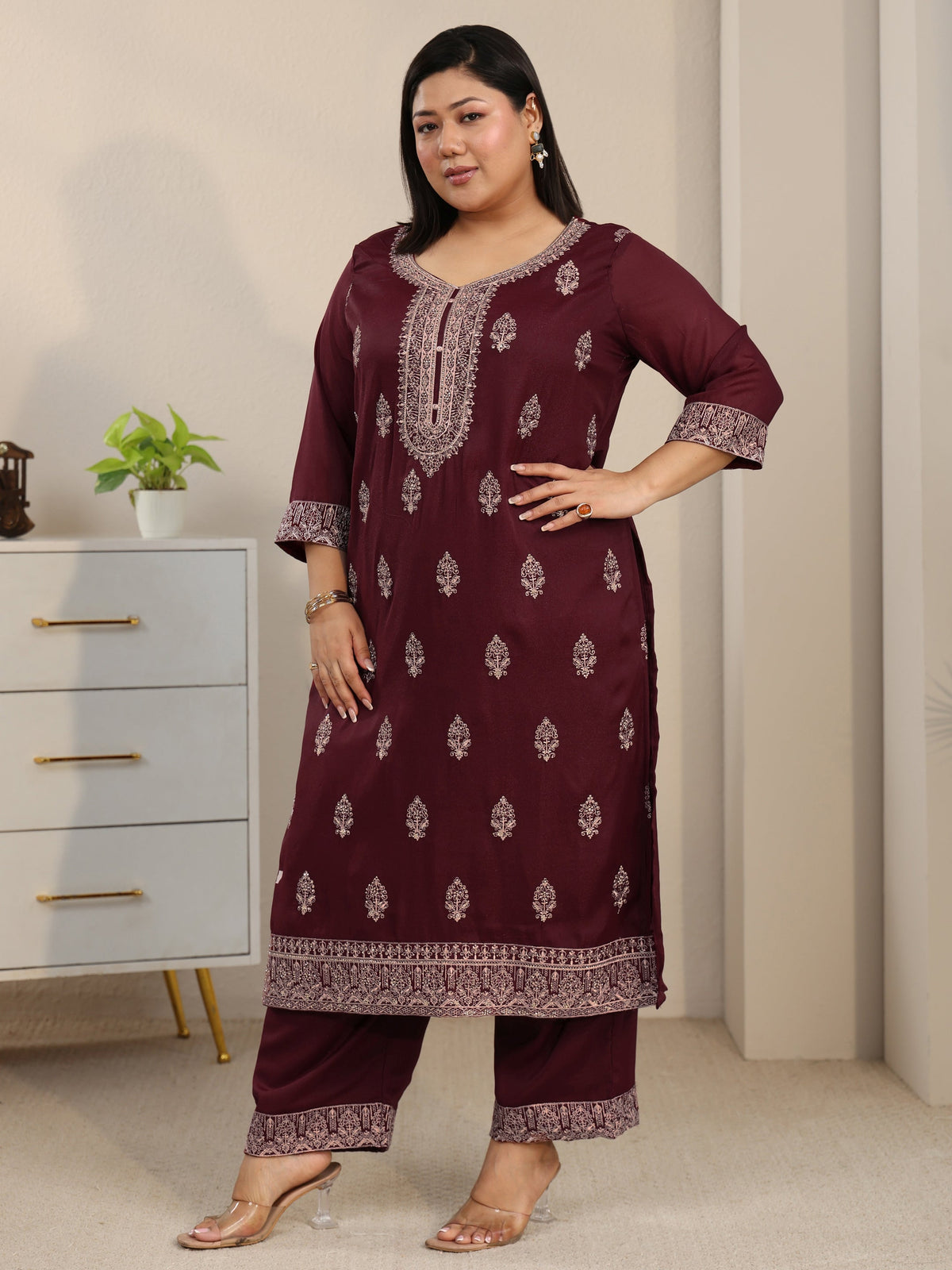 Plus Size Maroon Embroidered Chinon Straight Suit Set