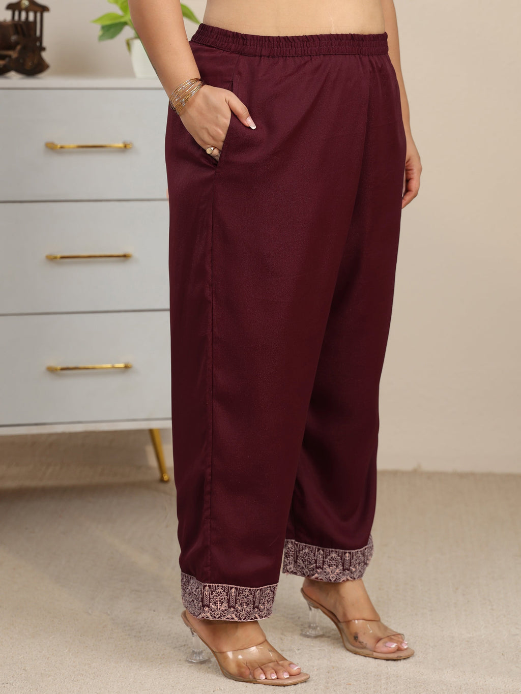 Plus Size Maroon Embroidered Chinon Straight Suit Set
