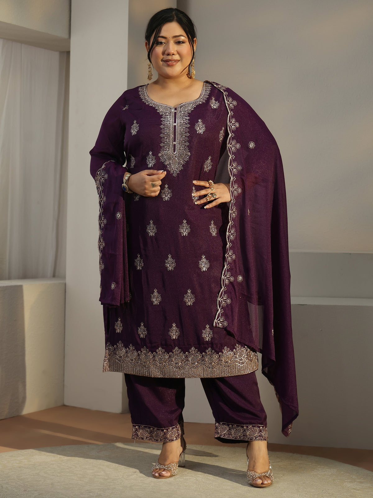 Plus Size Burgundy Embroidered Chinon Straight Suit Set