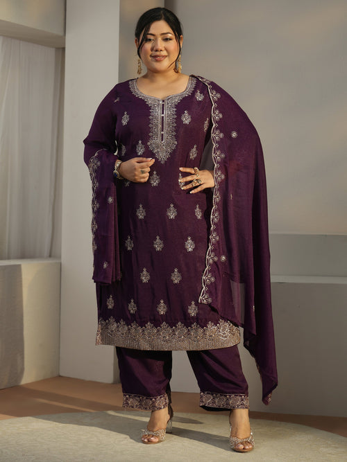 Plus Size Burgundy Embroidered Chinon Straight Suit Set