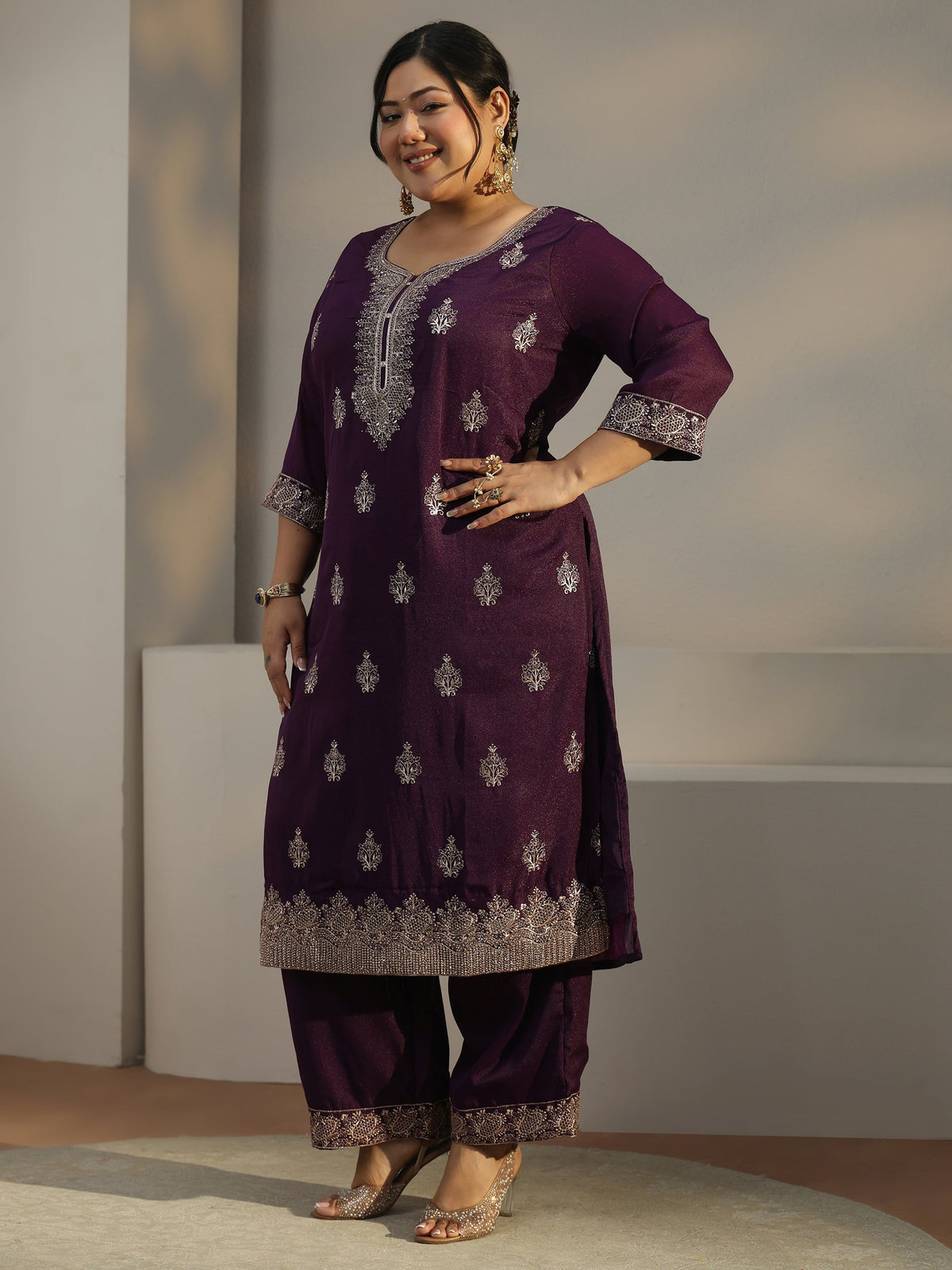 Plus Size Burgundy Embroidered Chinon Straight Suit Set