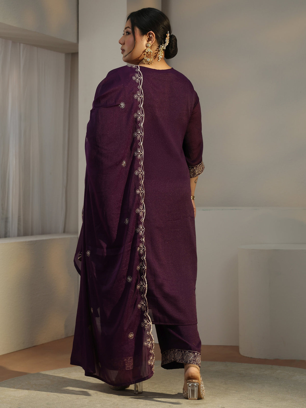 Plus Size Burgundy Embroidered Chinon Straight Suit Set