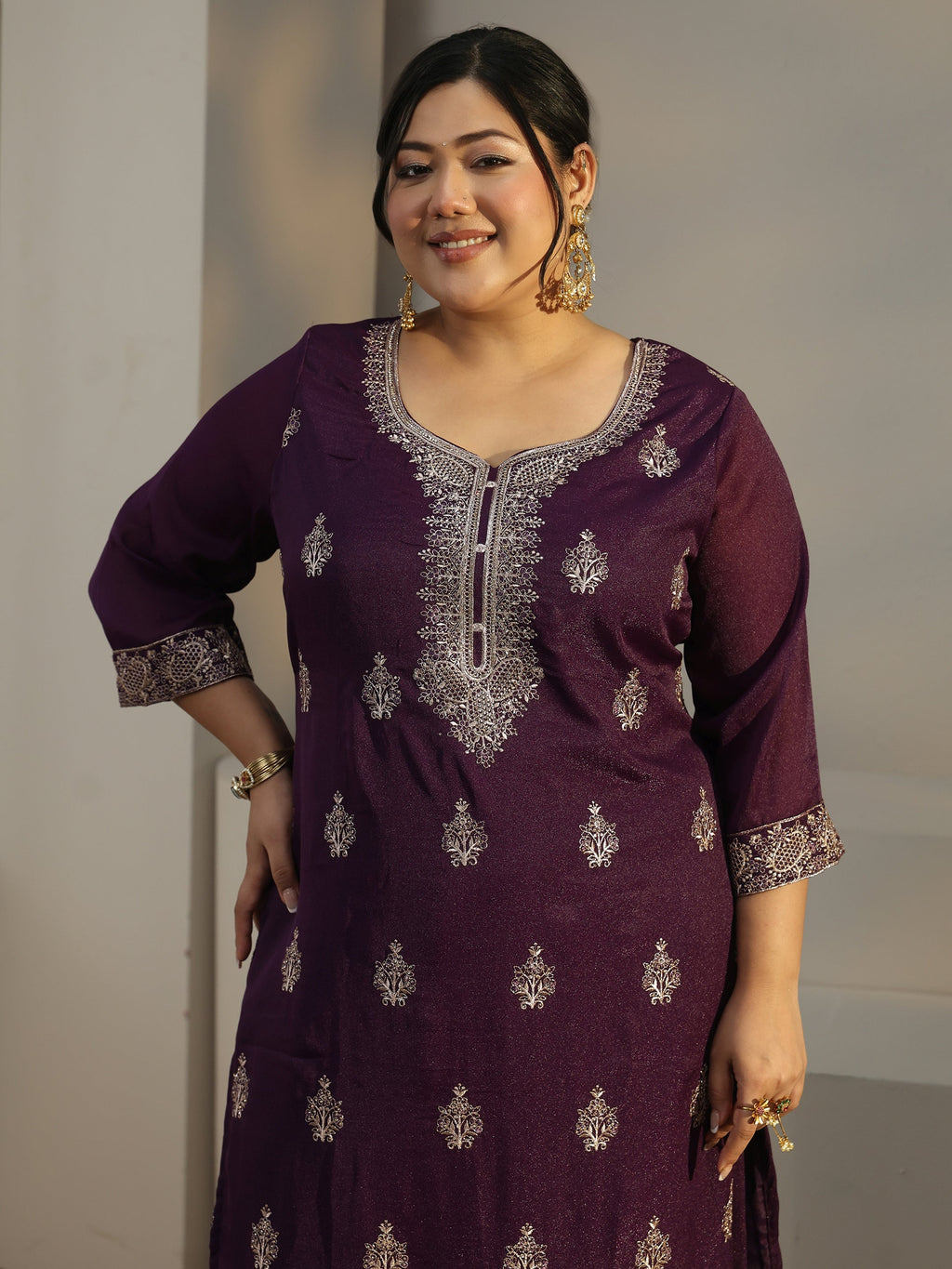 Plus Size Burgundy Embroidered Chinon Straight Suit Set