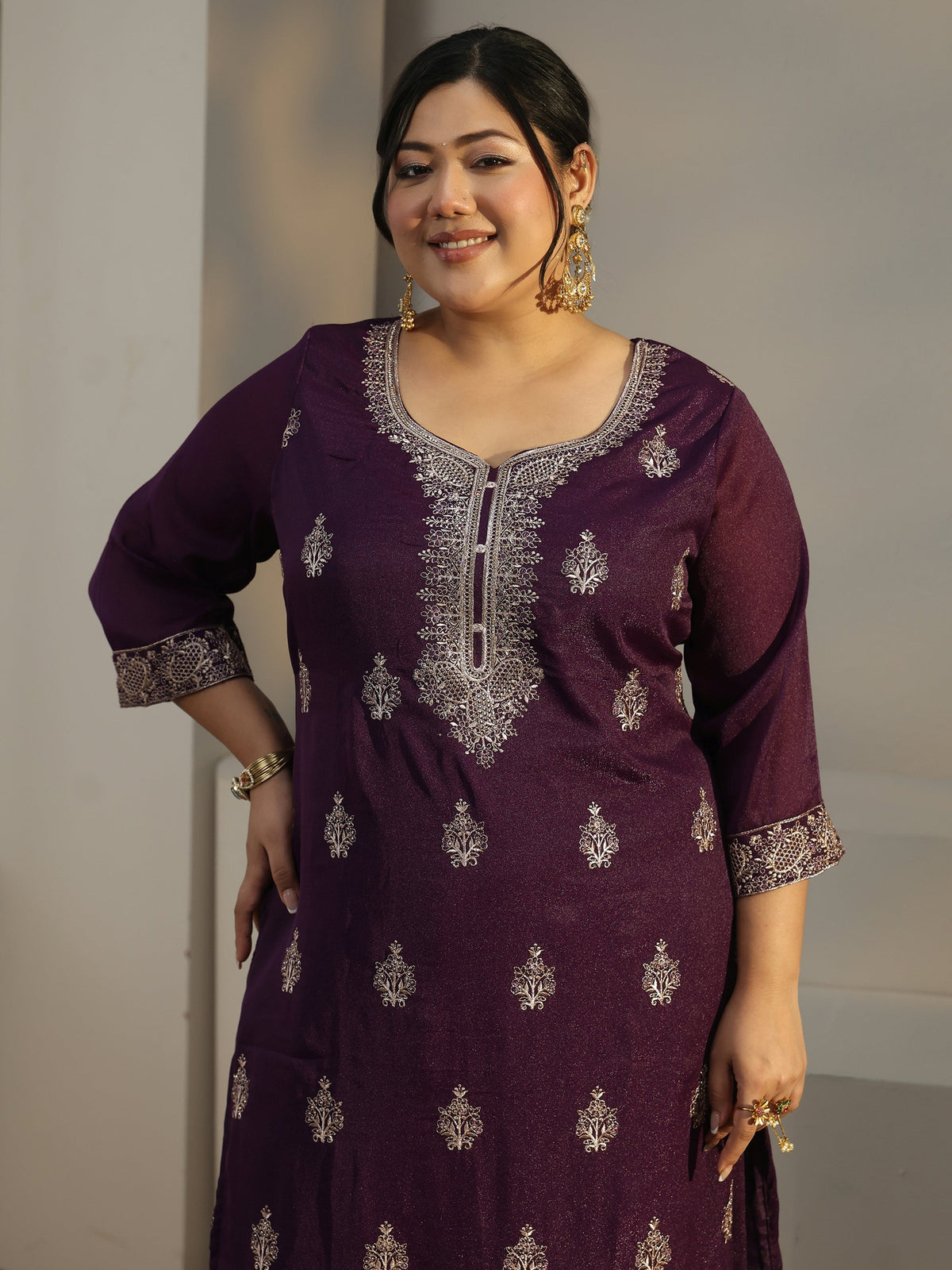 Plus Size Burgundy Embroidered Chinon Straight Suit Set