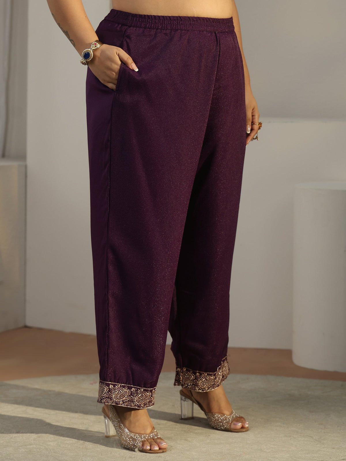 Plus Size Burgundy Embroidered Chinon Straight Suit Set