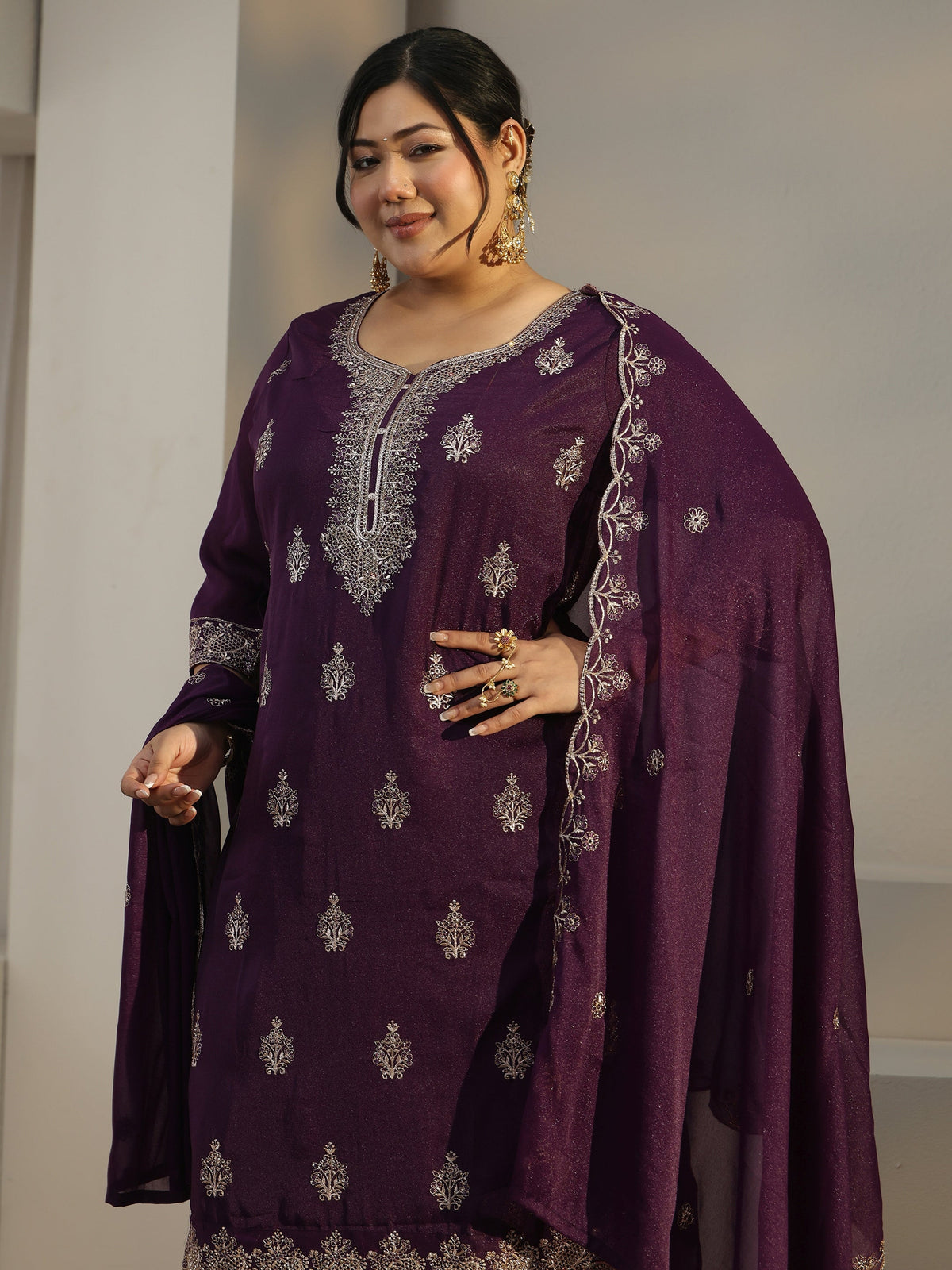 Plus Size Burgundy Embroidered Chinon Straight Suit Set