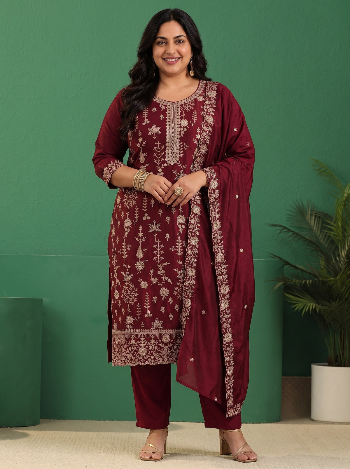 Plus Size Maroon Red Floral Embellished Silk Blend Straight Suit Set