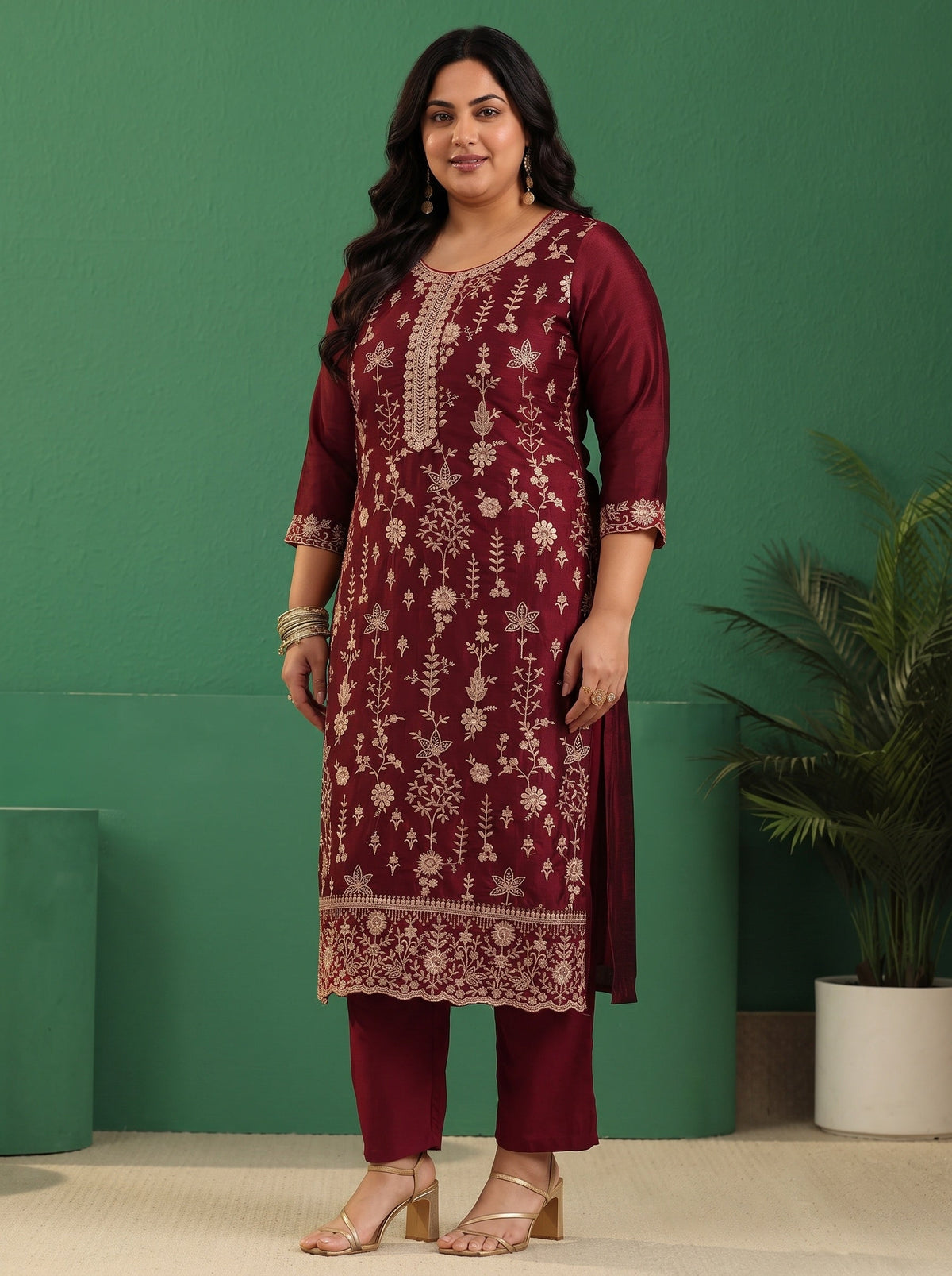 Plus Size Maroon Red Floral Embellished Silk Blend Straight Suit Set