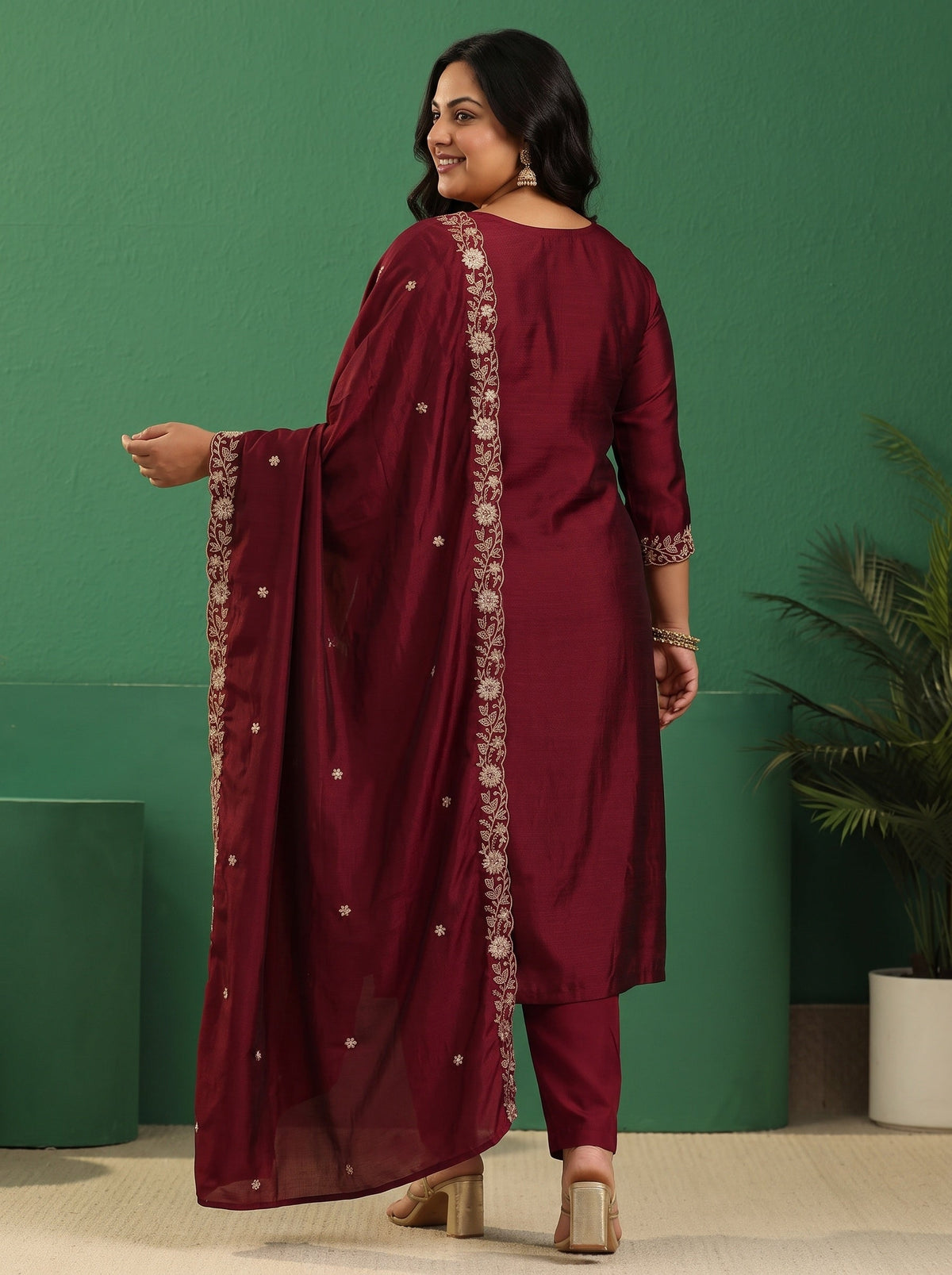 Plus Size Maroon Red Floral Embellished Silk Blend Straight Suit Set