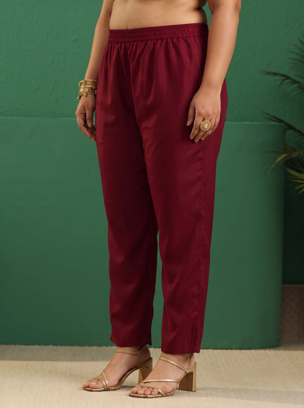 Plus Size Maroon Red Floral Embellished Silk Blend Straight Suit Set