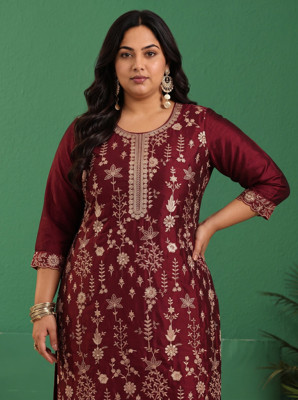 Plus Size Maroon Red Floral Embellished Silk Blend Straight Suit Set