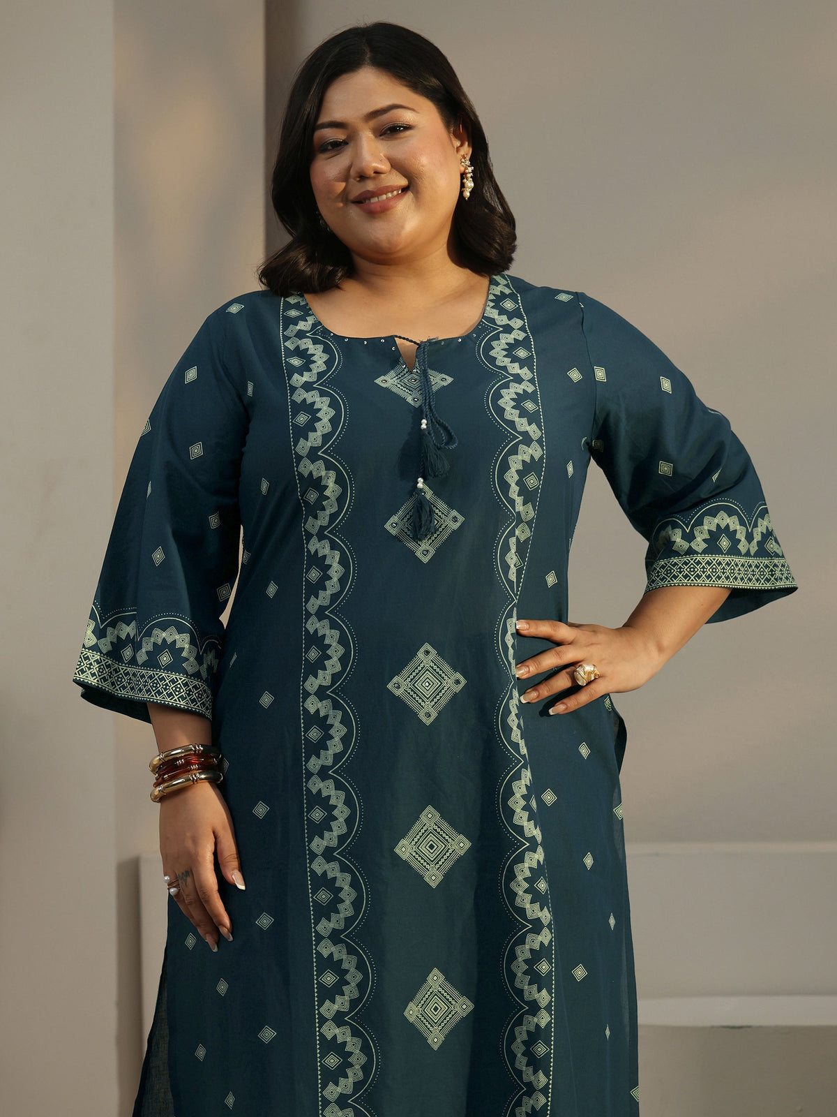 Plus Size Midnight Blue Printed Cotton A-line Suit Set