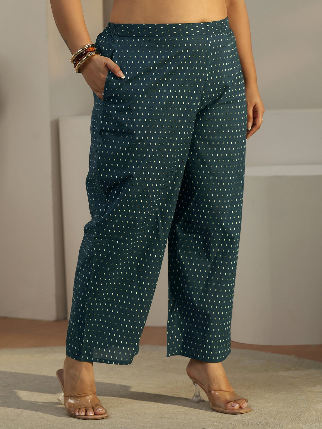 Plus Size Midnight Blue Printed Cotton A-line Suit Set