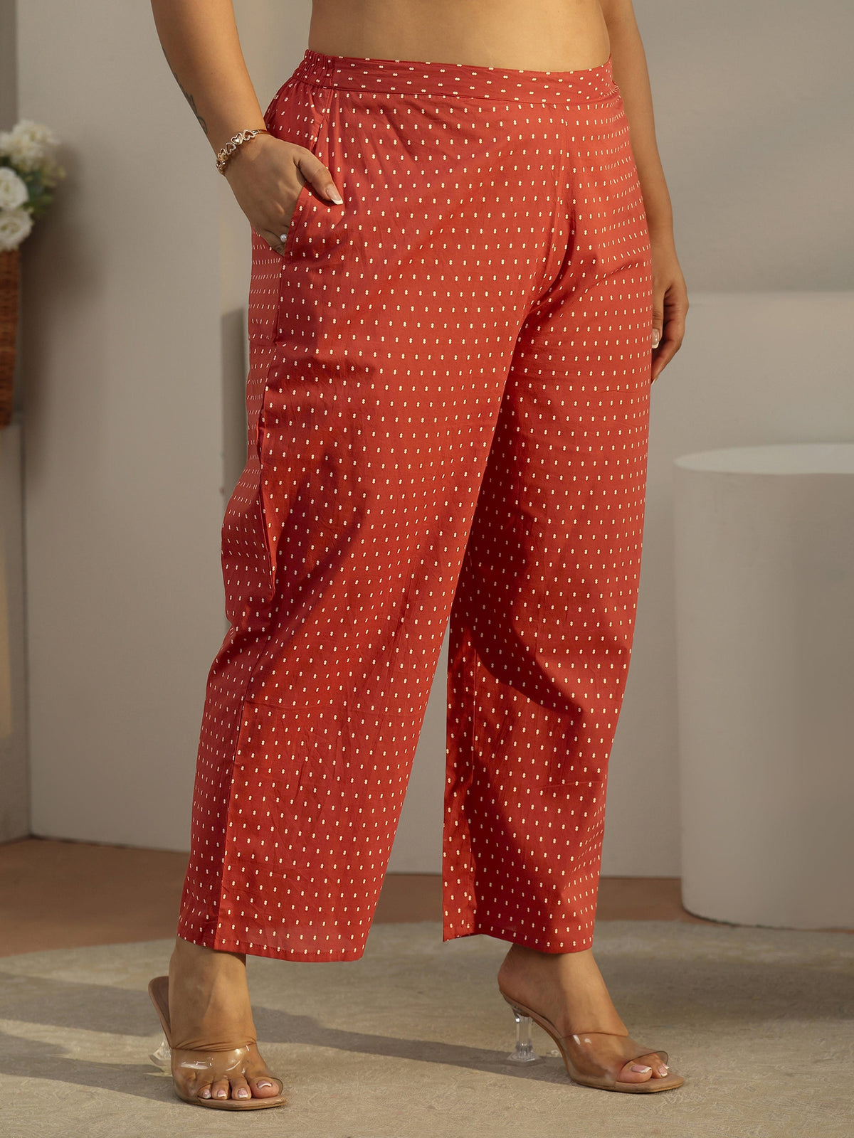 Plus Size Rust Brown Printed Cotton A-line Suit Set