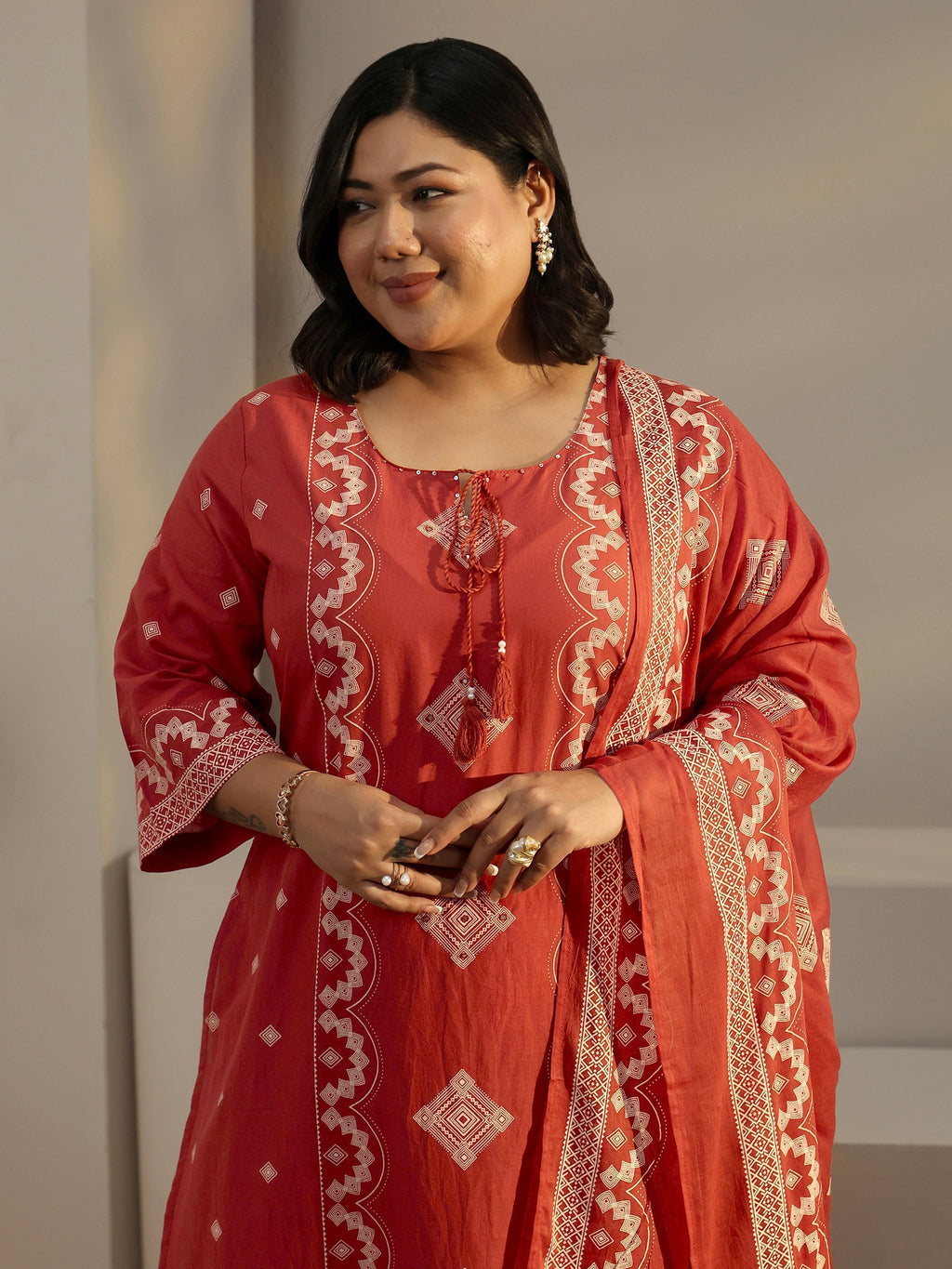 Plus Size Rust Brown Printed Cotton A-line Suit Set