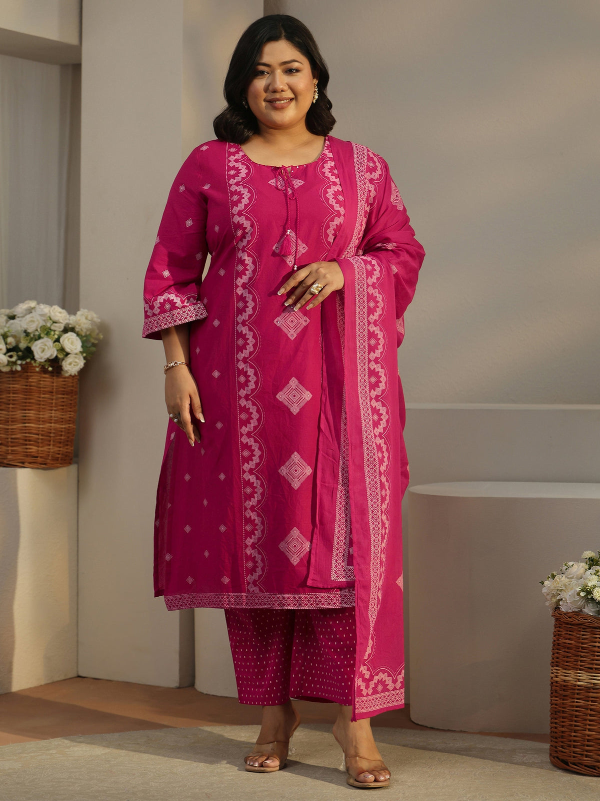 Plus Size Rose Pink Printed Cotton A-line Suit Set