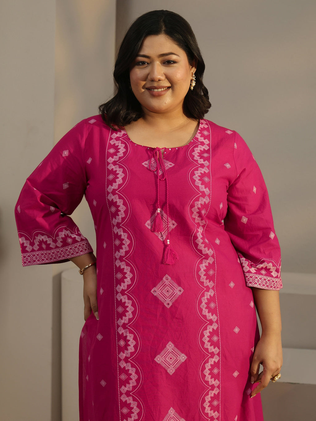 Plus Size Rose Pink Printed Cotton A-line Suit Set
