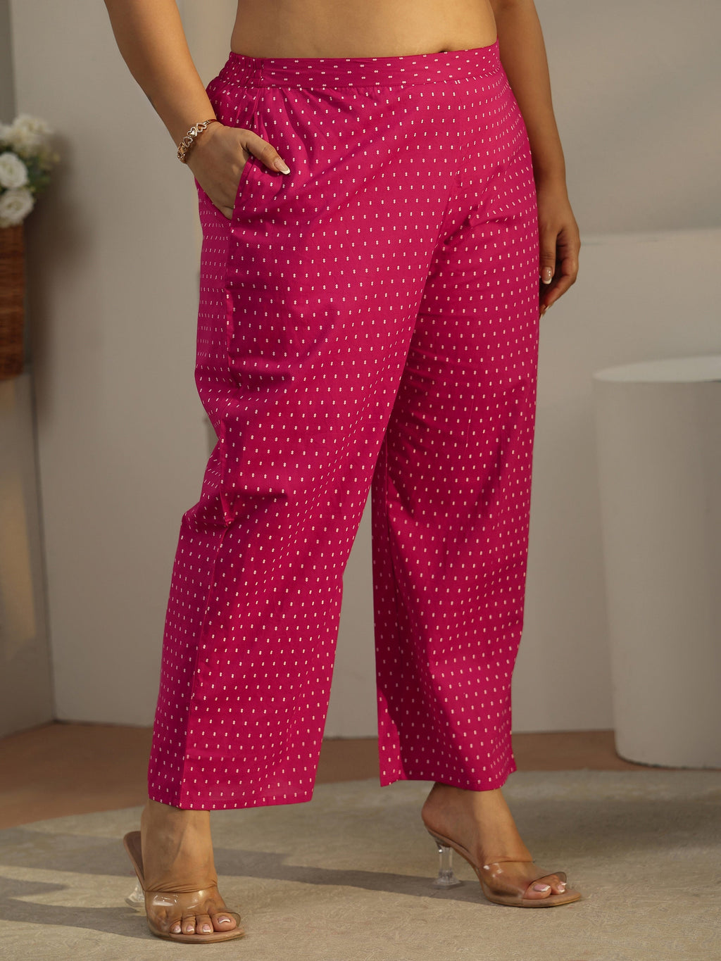 Plus Size Rose Pink Printed Cotton A-line Suit Set