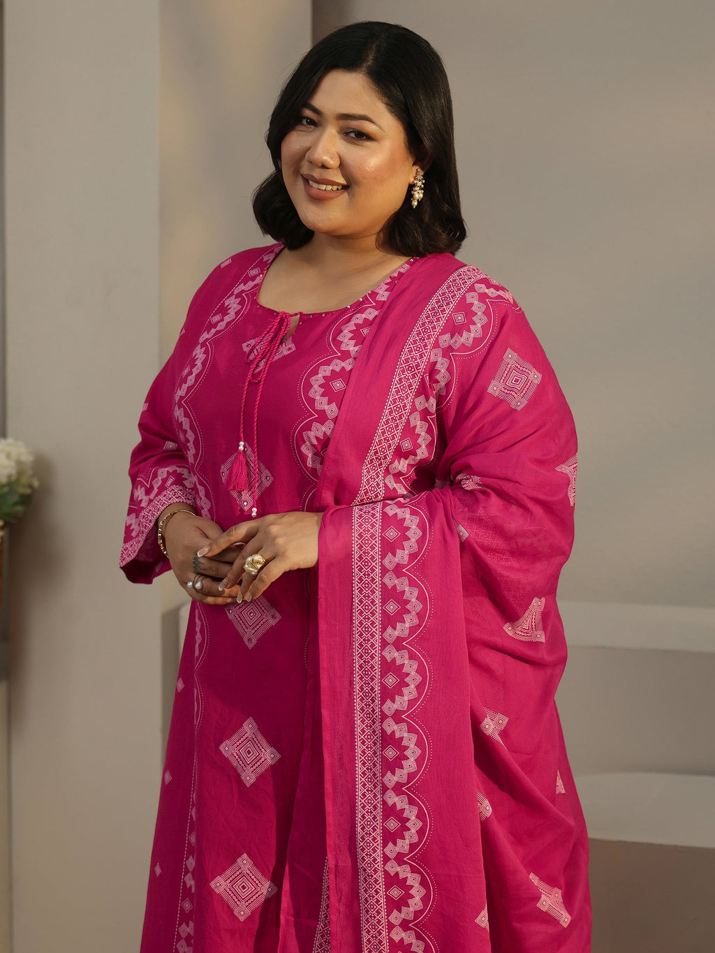 Plus Size Rose Pink Printed Cotton A-line Suit Set