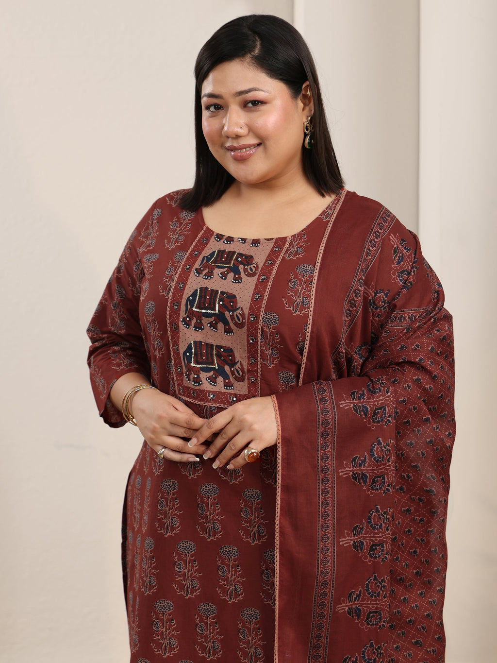Plus Size Rust Brown Ajrakh-Inspired Cotton Straight Suit Set