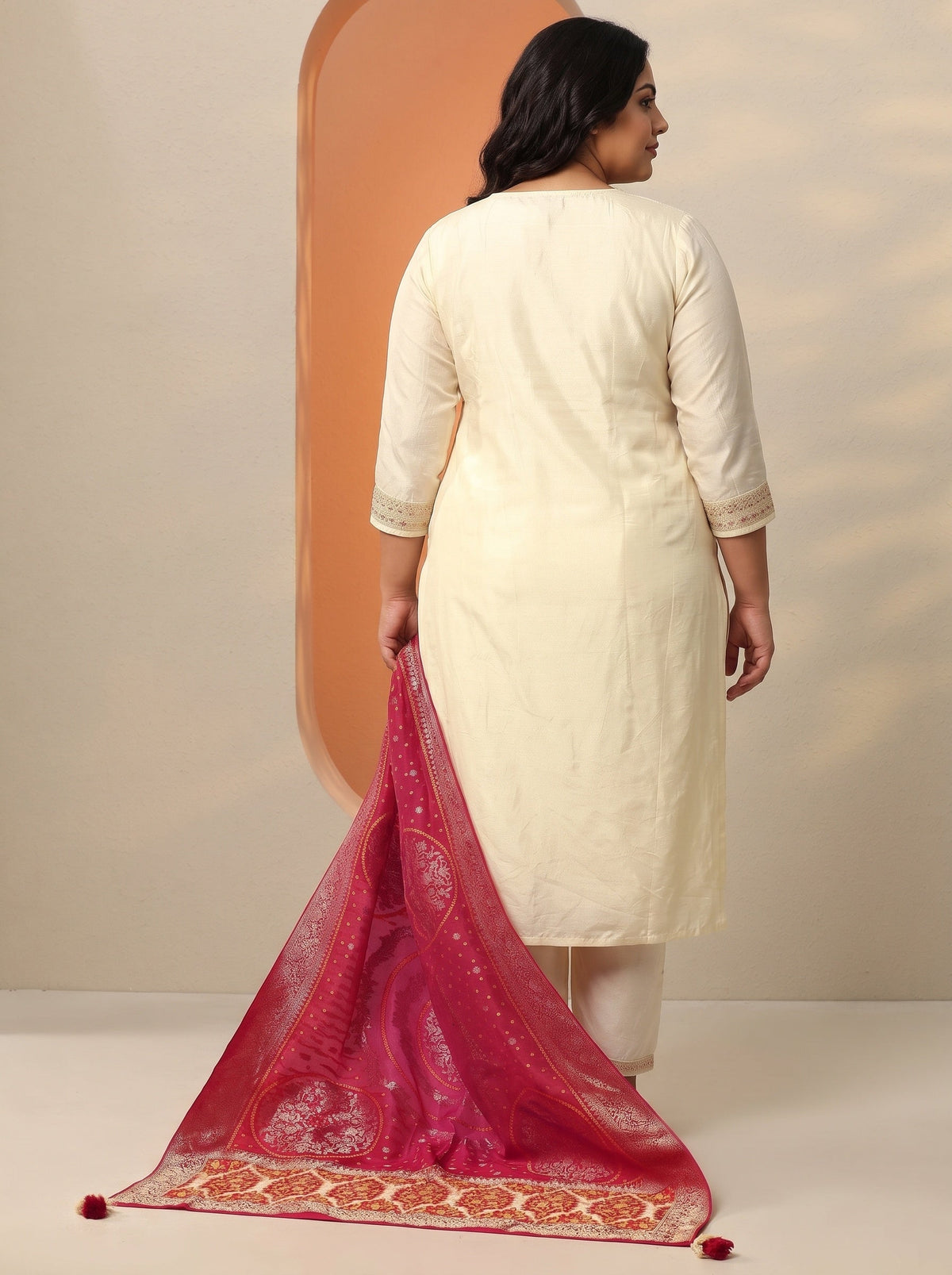 Plus Size Cream Woven Design Silk Blend Straight Suit Set With Dupatta