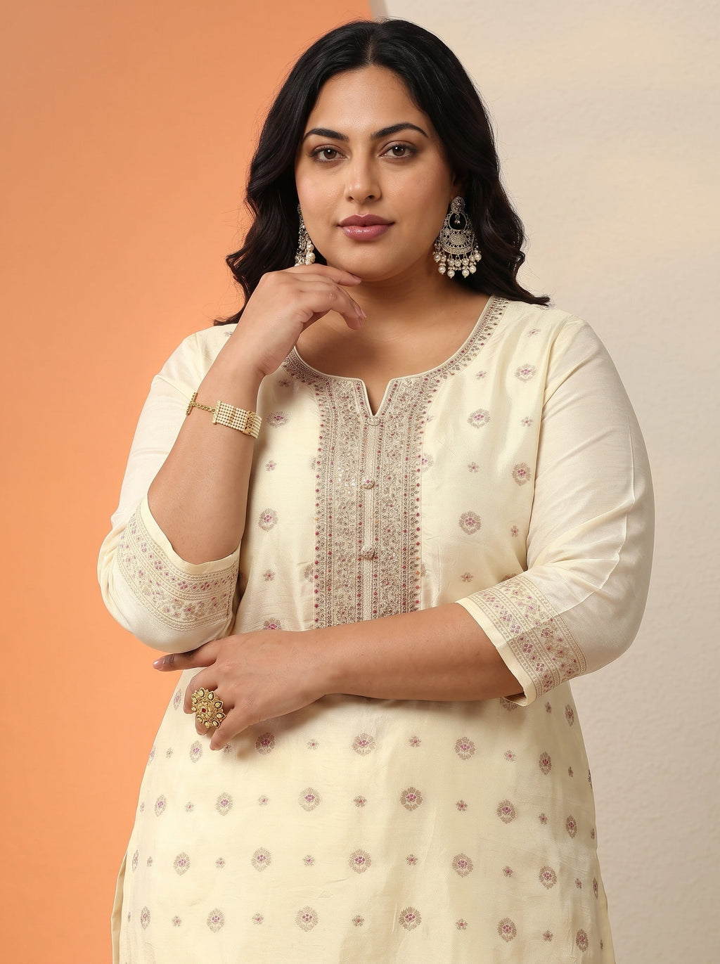 Plus Size Cream Woven Design Silk Blend Straight Suit Set With Dupatta