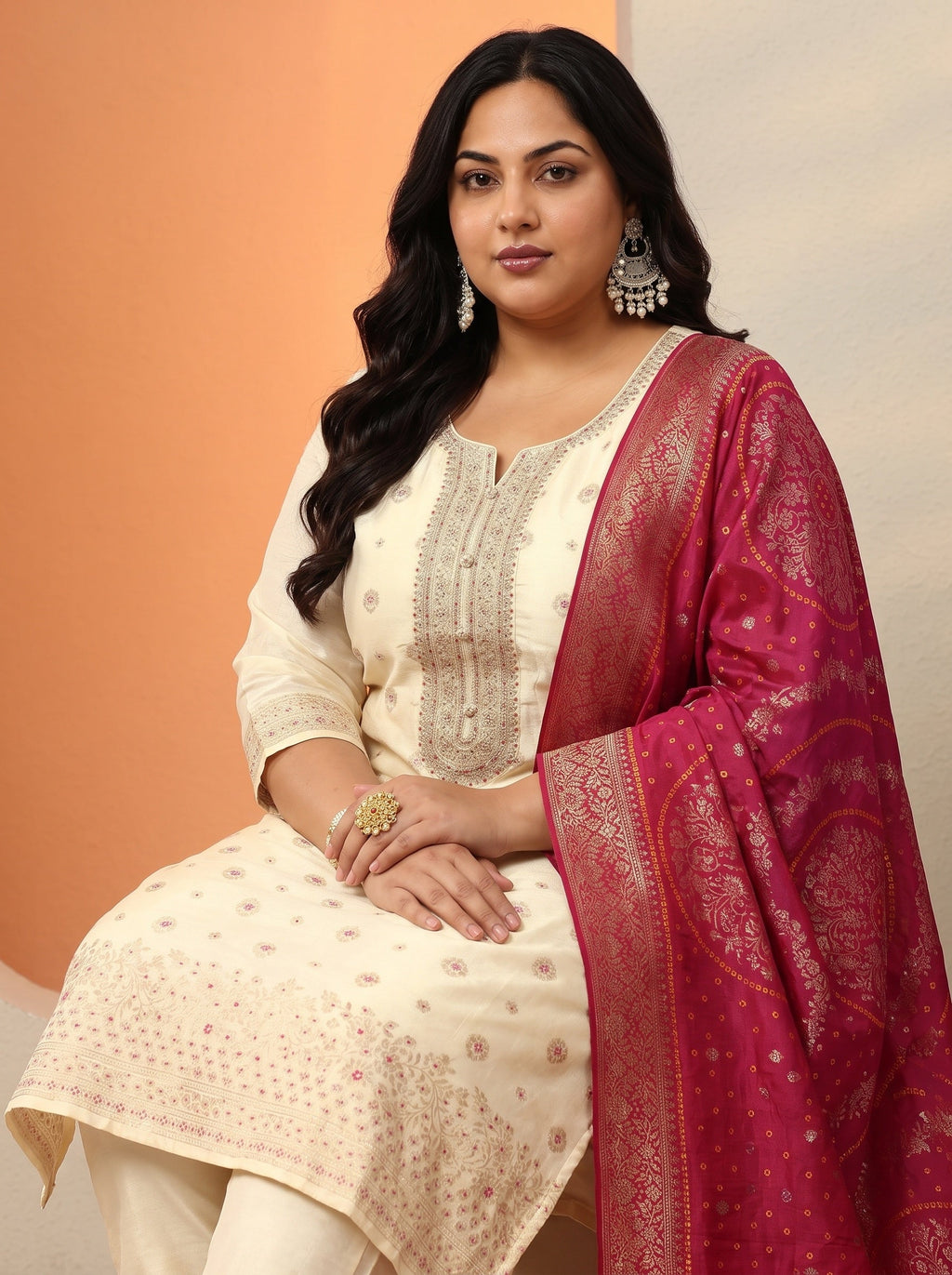 Plus Size Cream Woven Design Silk Blend Straight Suit Set With Dupatta