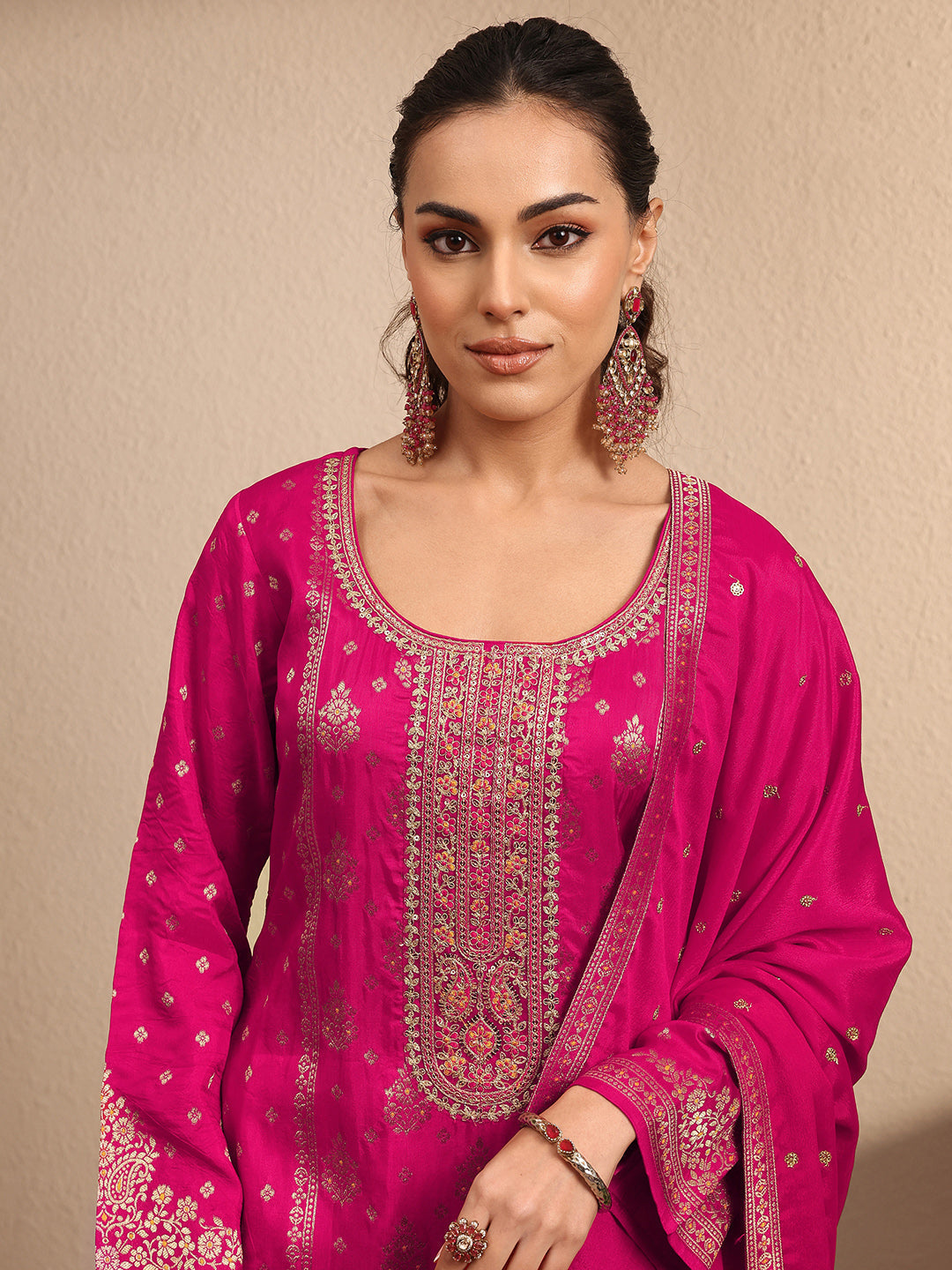 sanjhshringar Pink Embroidered Silk Blend Straight Suit Set With Dupatta