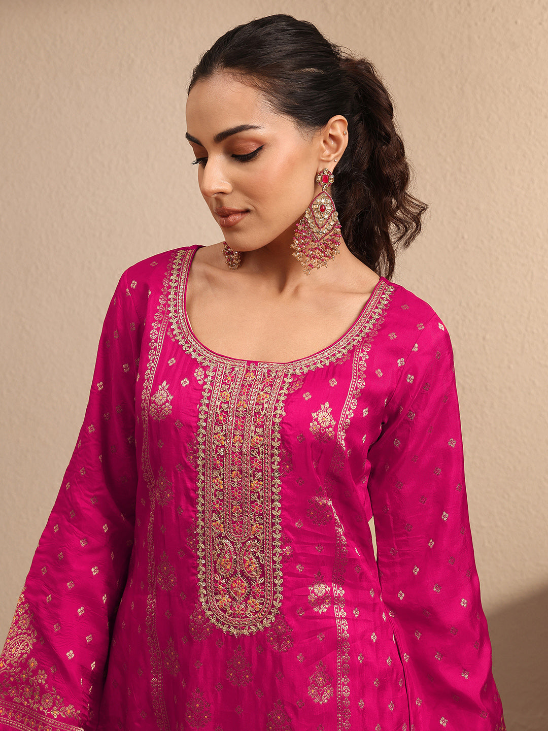 sanjhshringar Pink Embroidered Silk Blend Straight Suit Set With Dupatta