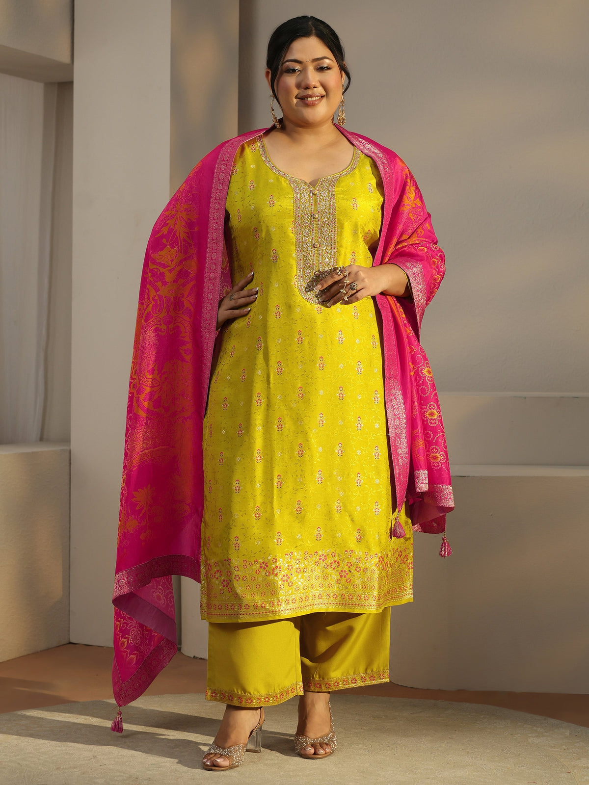 Plus Size Lime Green Woven Design Silk Blend Straight Suit Set With Dupatta