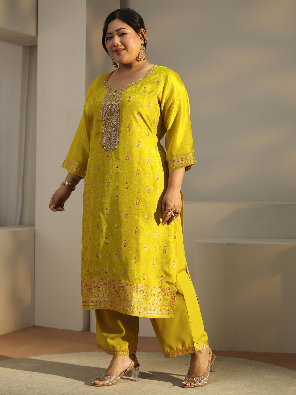 Plus Size Lime Green Woven Design Silk Blend Straight Suit Set With Dupatta