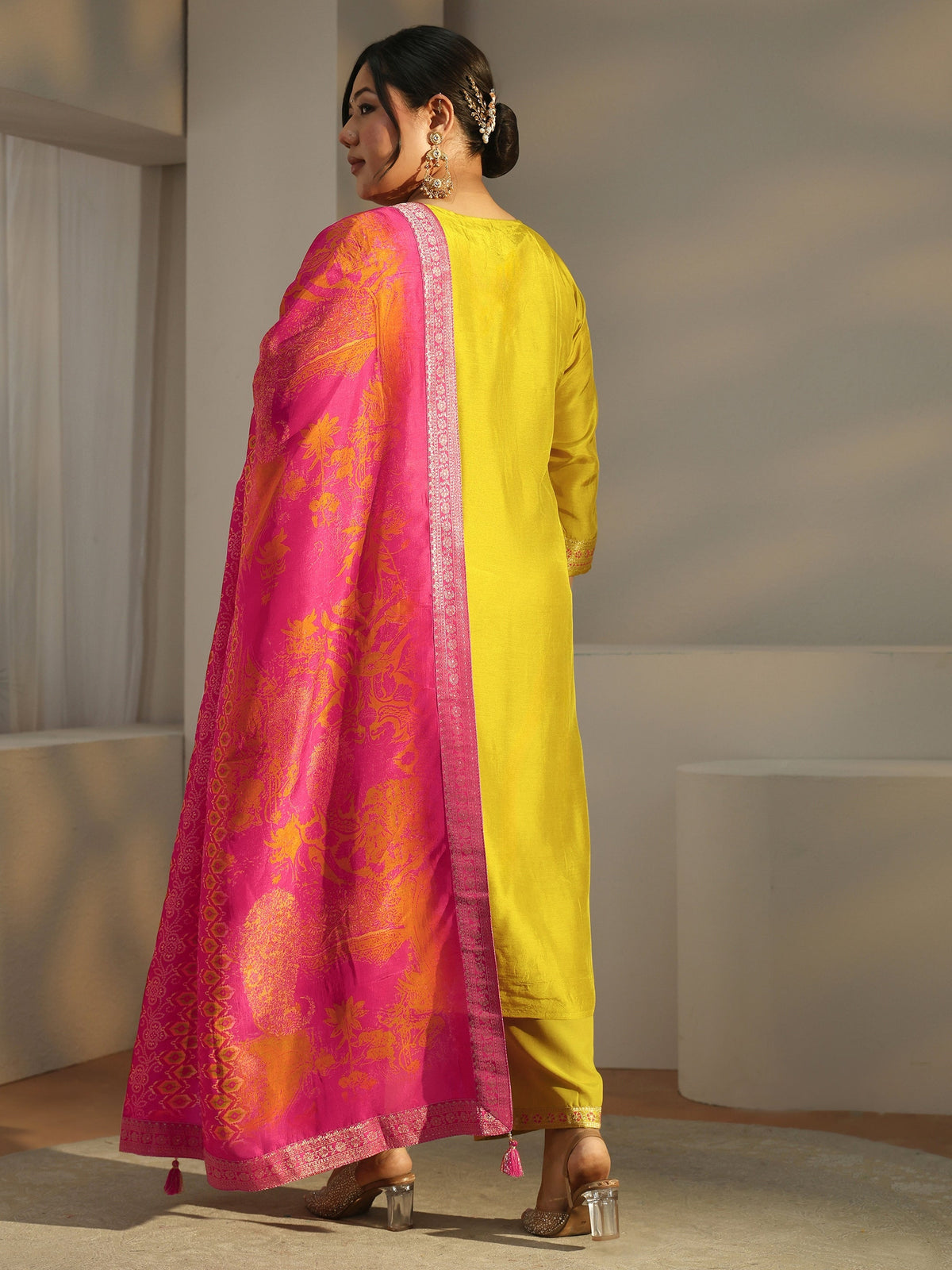 Plus Size Lime Green Woven Design Silk Blend Straight Suit Set With Dupatta