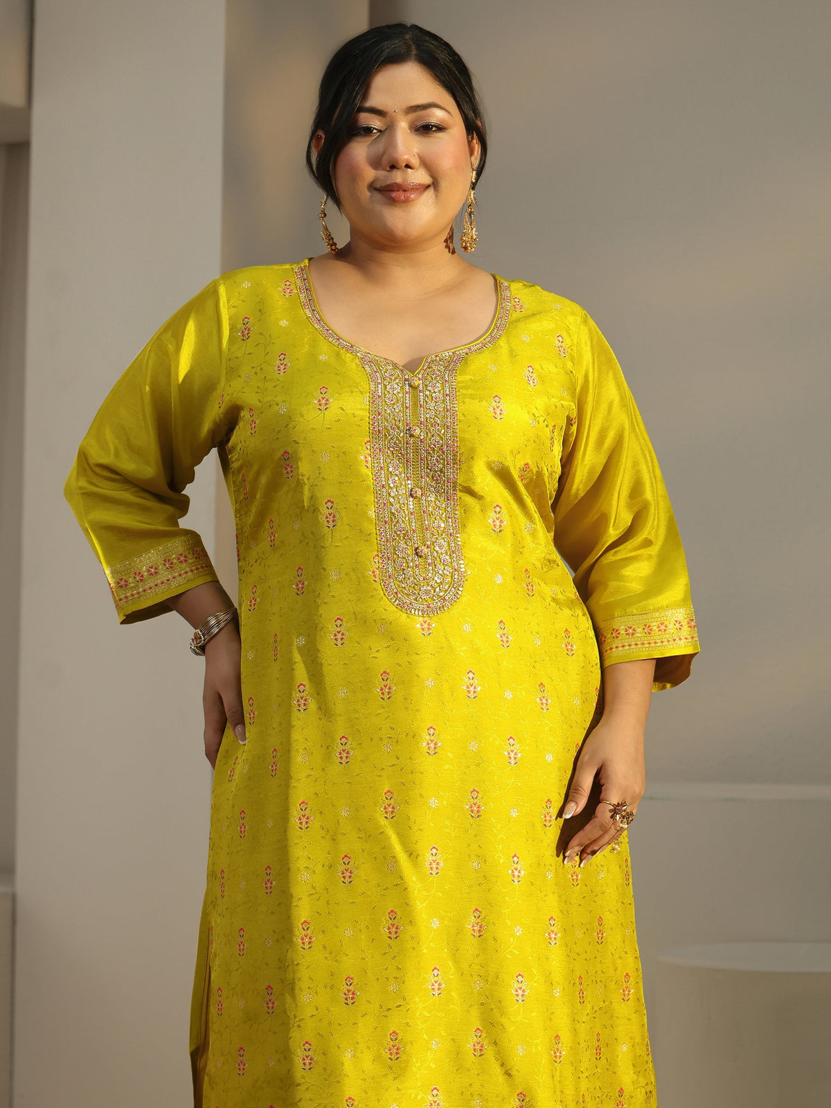 Plus Size Lime Green Woven Design Silk Blend Straight Suit Set With Dupatta