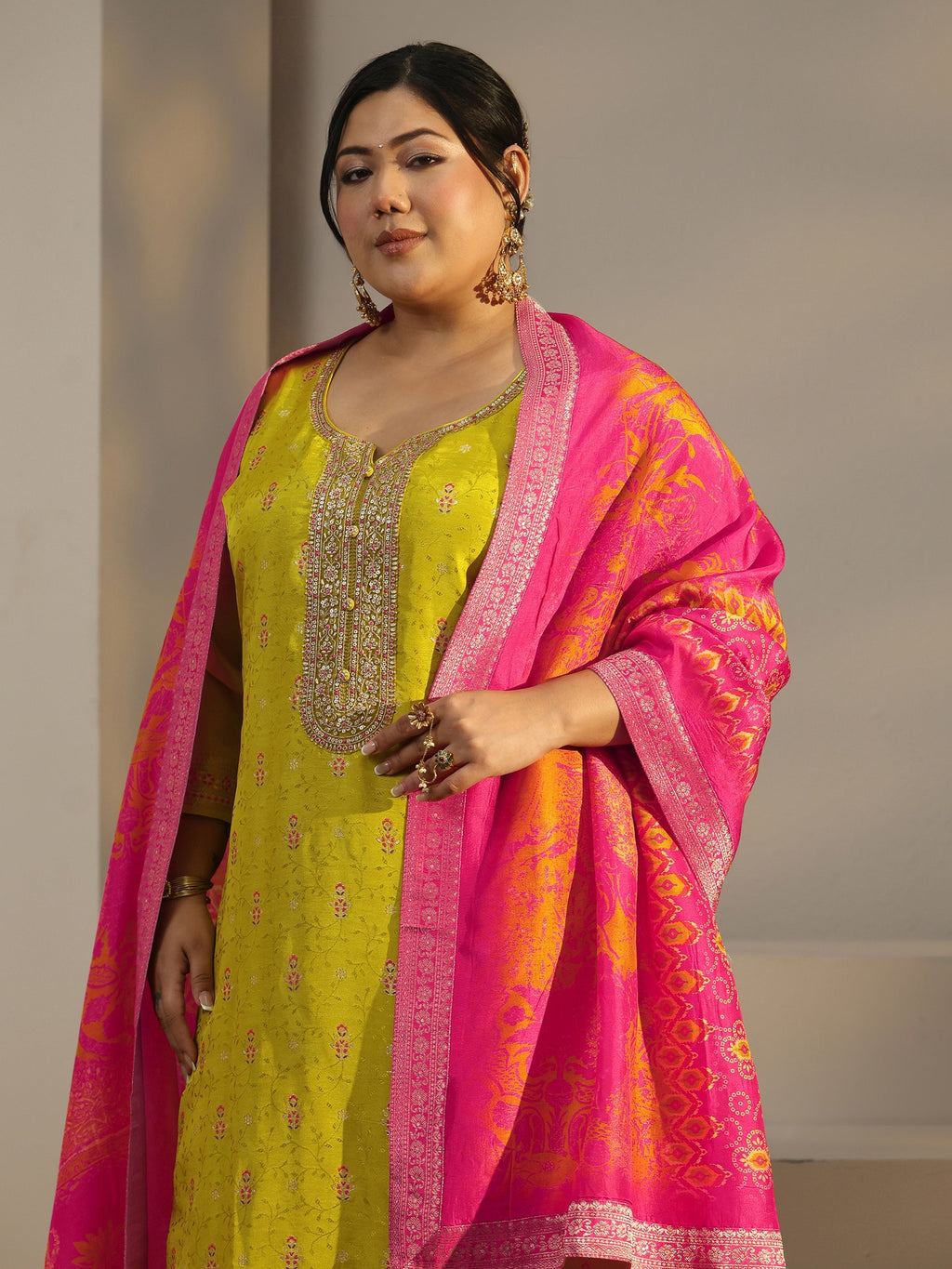 Plus Size Lime Green Woven Design Silk Blend Straight Suit Set With Dupatta