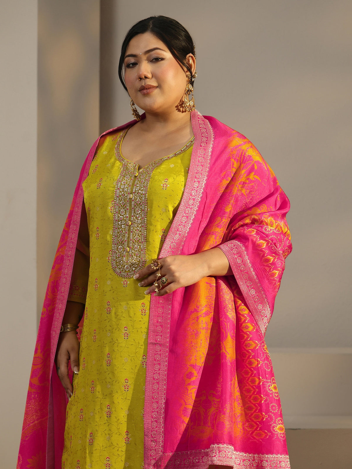 Plus Size Lime Green Woven Design Silk Blend Straight Suit Set With Dupatta