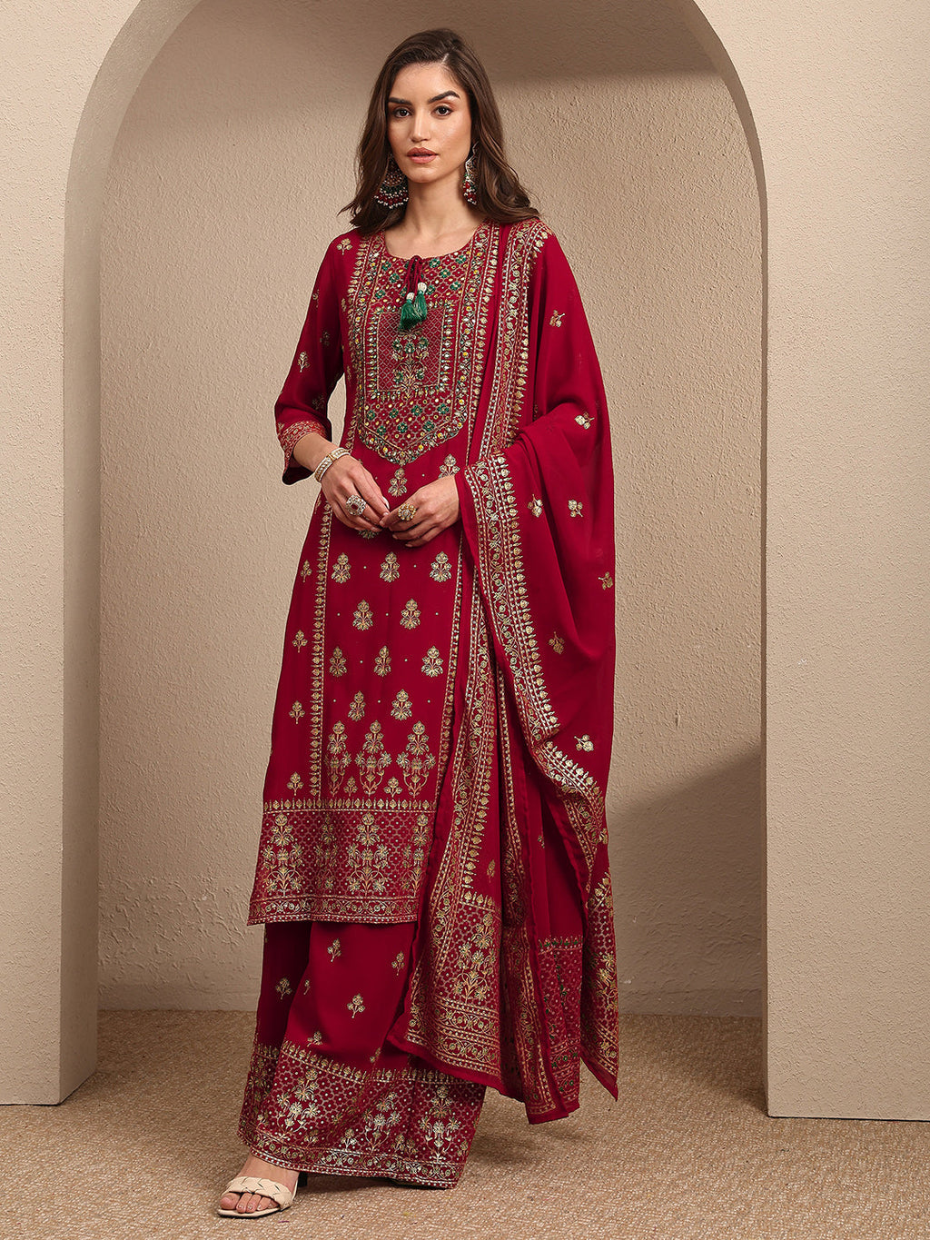 sanjhshringar Red Embroidered Georgette Straight Suit Set With Dupatta
