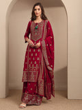 sanjhshringar Red Embroidered Georgette Straight Suit Set With Dupatta